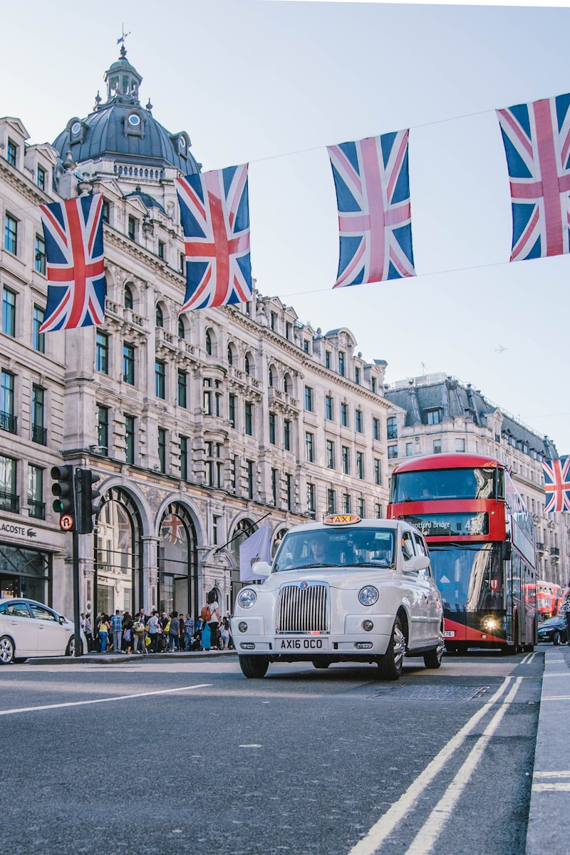 Regent Street, London — Union Jacks and red double-decker bus